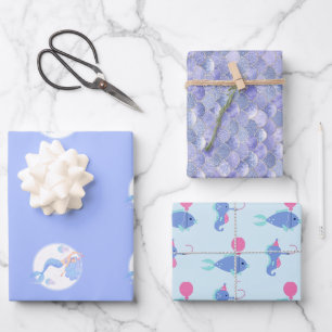 Hoja De Papel De Regalo Niños del tema de la Sirena Púrpura Fiesta de cump