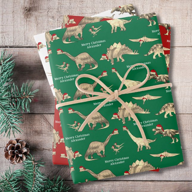 Hoja De Papel De Regalo Niños personalizados nombran dinosaurios de Navida (Personalized boys name merry christmas dinosaurs green red and white wrapping paper)