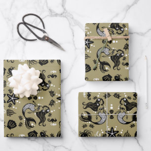 Hoja De Papel De Regalo Niños Sirena Oro Playa