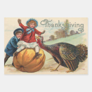 Hoja De Papel De Regalo Niños vintage de Acción de Gracias con calabaza, T