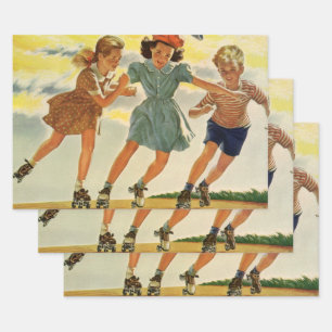 Hoja De Papel De Regalo Niños y Chicas divertidos con el patinaje sobre pa
