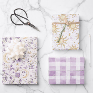 Hoja De Papel De Regalo Noche de lunas estrellas y flores púrpuras para la