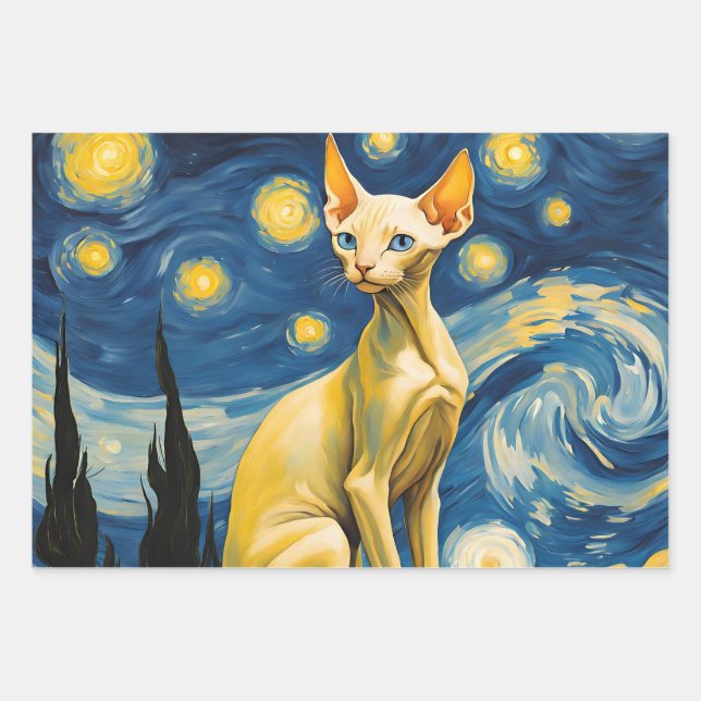 Hoja De Papel De Regalo Noche Starry Van Gogh Elf Sphynx Cat Art Regalo (Anverso)