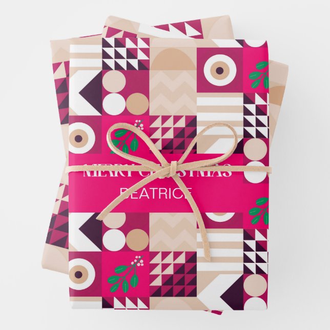 Hoja De Papel De Regalo Nombran Navidades geométricos rosados modernos (In situ)