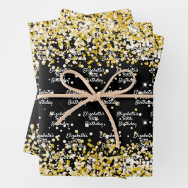 Hoja De Papel De Regalo Nombre de confeti de oro negro de cumpleaños
