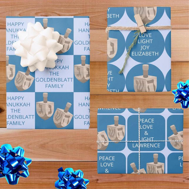 Hoja De Papel De Regalo Nombre de los niños Dreidel Rustic Oak Cute Hanukk (Add separate names, or one name to all 3 designs, for one of a kind personalized Hanukkah gift wrap)