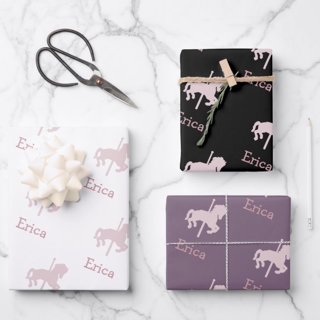 Hoja De Papel De Regalo Nombre del Chica del patrón de caballo de carrusel (Anverso)