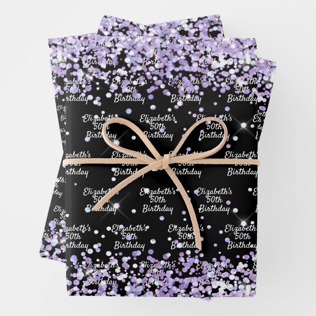 Hoja De Papel De Regalo Nombre del purpurina de lavanda violeta negra de c (In situ)