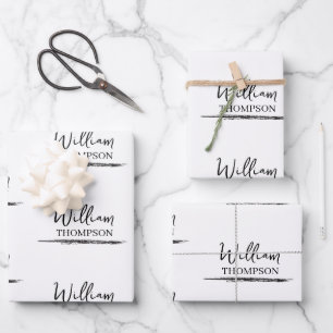 Hoja De Papel De Regalo Nombre Monogramado moderno en blanco y negro