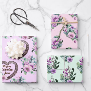 Hoja De Papel De Regalo Nombre personal de Lavanda y Corazones Florales Ve