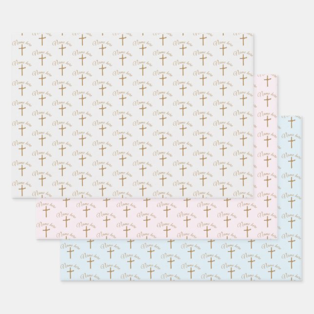 Hoja De Papel De Regalo Nombre Personalizado Cruz de Oro Christening Bapti (Set)