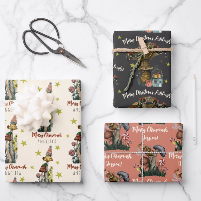 Hoja De Papel De Regalo Nombre personalizado de los Navidades de hongos ro (Anverso)