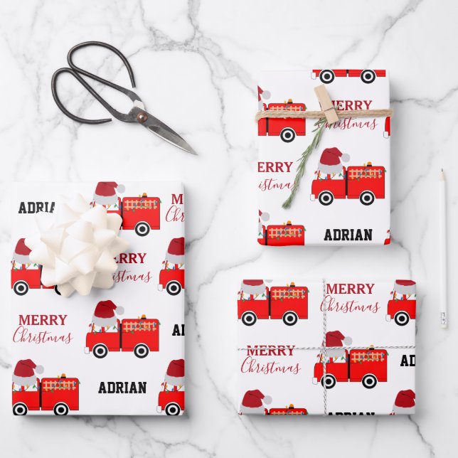 Hoja De Papel De Regalo Nombre personalizado del camión de navidades rojos (Anverso)
