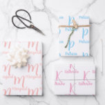Hoja De Papel De Regalo Nombre Personalizado Elegante, Monograma Rosa y Az<br><div class="desc">El diseño cuenta con tipografía personalizable para personalizar el nombre y el monograma en tres exquisitas hojas de papel de regalo, disponibles en los elegantes colores de escritura rosa claro, rosa pastel y azul bebé. Ya sea un cumpleaños, una ocasión especial, una fiesta de bebé, una boda, un aniversario, el...</div>