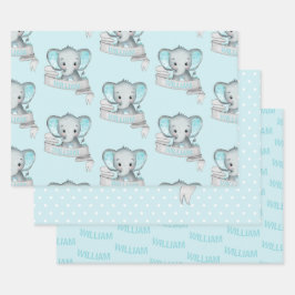 Hoja De Papel De Regalo Nombre personalizado Elephant Baby Boy Gris Azul