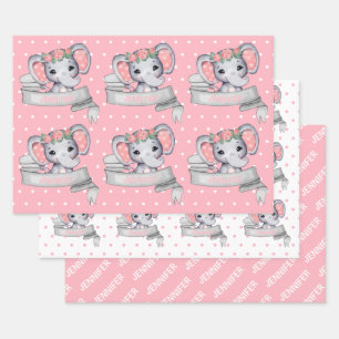 Hoja De Papel De Regalo Nombre personalizado Elephant Baby Girl Pink Patte