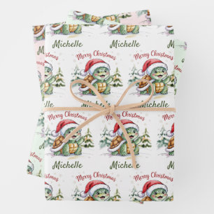 Hoja De Papel De Regalo Nombre personalizado: Feliz tortuga navideña en Sa