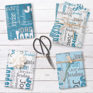 Hoja De Papel De Regalo Nombre repetido Personalizado Azul Longitud Med. N