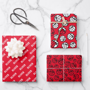 Hoja De Papel De Regalo Nombre rojo del patrón de bola de baloncesto