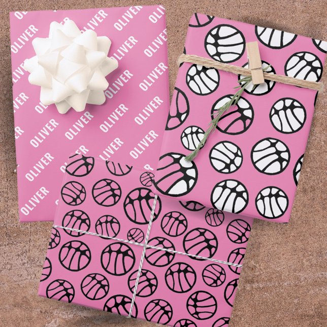 Hoja De Papel De Regalo Nombre rosado del patrón del baloncesto (Subido por el creador)