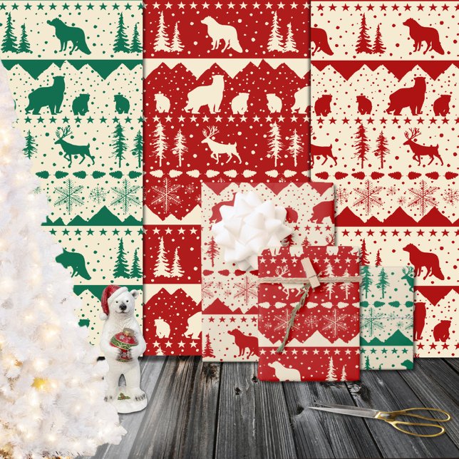 Hoja De Papel De Regalo Nórdico Sweater Red Green & Beige Winter Animales (Nordic Sweater Red Green & Beige Winter Animals Christmas Holiday Gift Wrapping Paper Sheets)