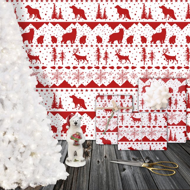 Hoja De Papel De Regalo Nórdico Sweater Red Winter Animals White (Nordic Sweater Red Winter Animals White Christmas Holiday Gift Wrapping Paper Sheets Trio)