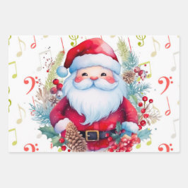 Hoja De Papel De Regalo Notas de la música verde roja y Santa Claus
