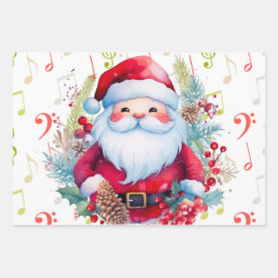 Hoja De Papel De Regalo Notas de la música verde roja y Santa Claus