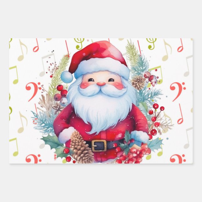 Hoja De Papel De Regalo Notas de la música verde roja y Santa Claus (Anverso)