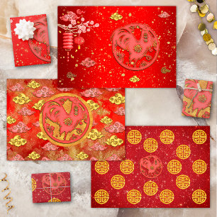 Hoja De Papel De Regalo Nubes Afortunadas de Oro Rojo Gallo del Zodiaco Ch