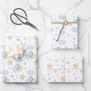 Hoja De Papel De Regalo Nubes azul acuarela Estrellas y globos