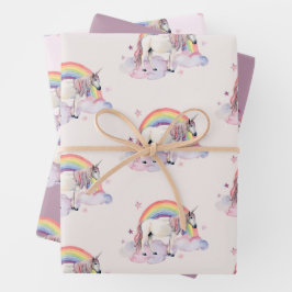 Hoja De Papel De Regalo Nubes de arcoiris de unicornio Chica Fiesta de had