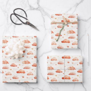 Hoja De Papel De Regalo Nubes y estrellas naranja Ombre