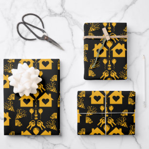 Hoja De Papel De Regalo Nueva Casa Calentando la Casa Amarillo Sobre Negro