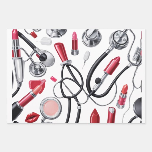 Hoja De Papel De Regalo Nurse Glam – Stethoscope & Lipstick Pattern (Anverso 2)