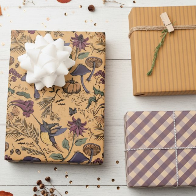 Hoja De Papel De Regalo Ochre Naranja Hummingbird Witch, Gingham & Stripes (Fall October Birthday Wrapping Paper for Her. Elegant Hummingbird Witch Hat Pattern, Stripes, Plaid)