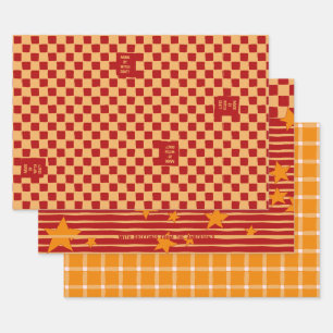Hoja De Papel De Regalo Ocre juguetón y estrellas vintage rojas y tablero