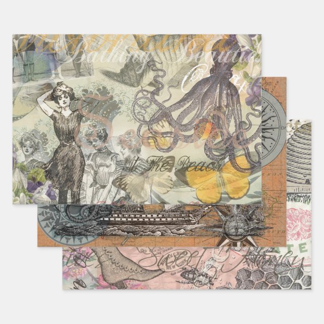 Hoja De Papel De Regalo Octopus Beach Antique Coastal Steampunk (Set)