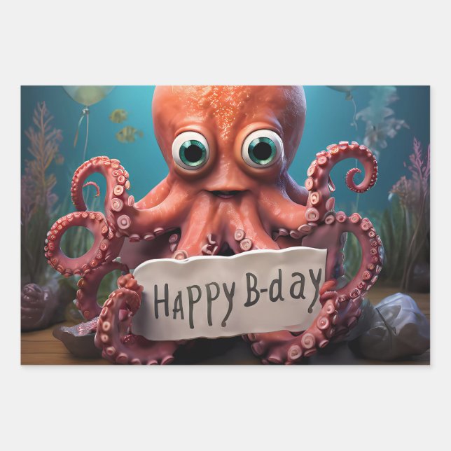 Hoja De Papel De Regalo Octopus feliz cumpleaños (Anverso)