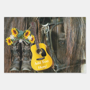 Hoja De Papel De Regalo Oeste de Caballo Bostaza Guitarra girasoles