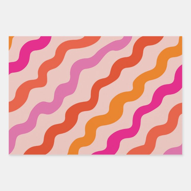 Hoja De Papel De Regalo Olas abstractas retro rayadas de Naranja rojo rosa (Anverso)