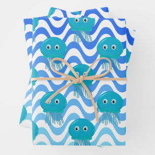 Hoja De Papel De Regalo Olas azules gradientes y patrón de medusas