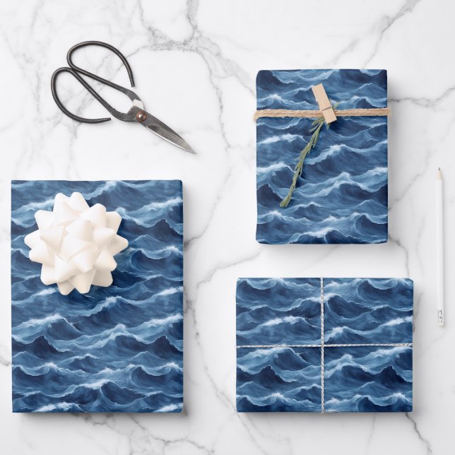 Hoja De Papel De Regalo Olas Azules que Caen (Anverso)