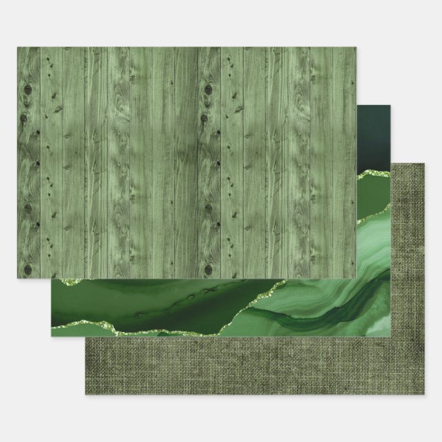 Hoja De Papel De Regalo Olive Green Faux Wood (Set)