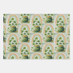 Hoja De Papel De Regalo Olla Vintage de Oro y Patrón de Arcoíris