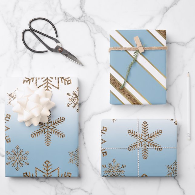 Hoja De Papel De Regalo Ombre Blue Snowflake   (Anverso)