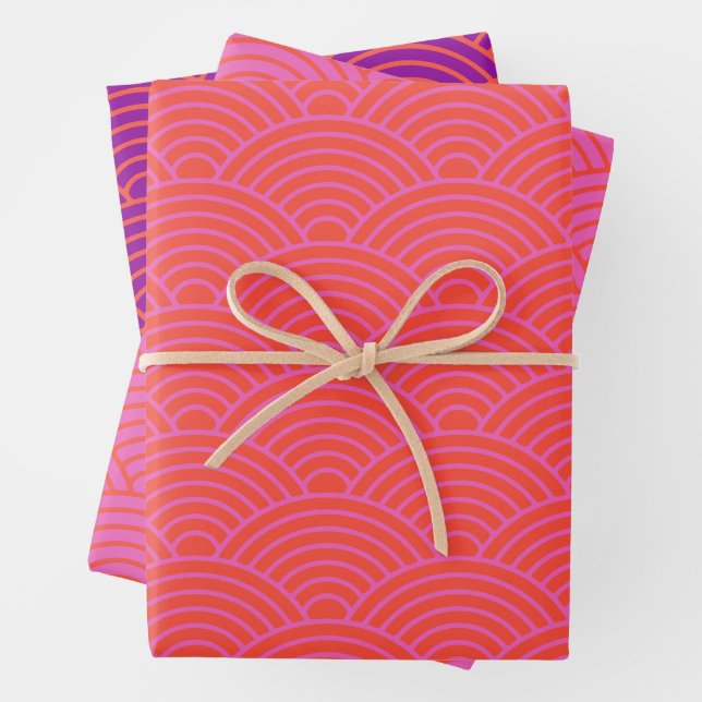 Hoja De Papel De Regalo Onda japonesa Seigaiha | Naranja, rosa y morado (In situ)