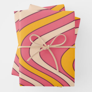 Hoja De Papel De Regalo Ondas de estilo retro rosa y naranja