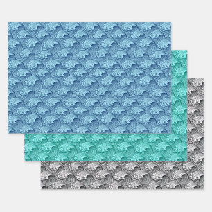 Hoja De Papel De Regalo Ondas japonesas vintage, azul.turquesa, blanco/neg