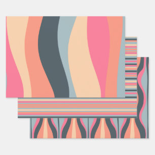 Hoja De Papel De Regalo Ondas retro y rayas rosadas azul alpricot
